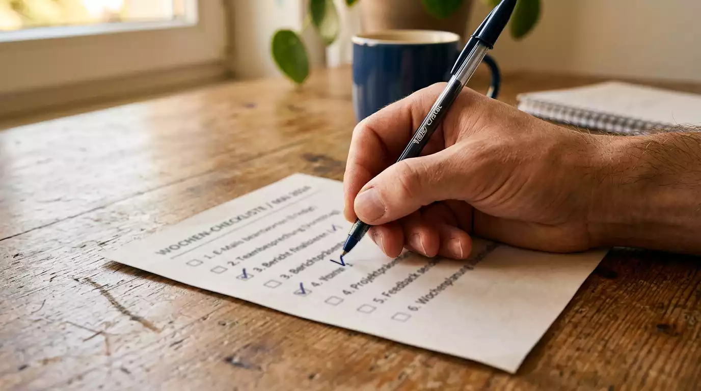 Hand hakt Punkte auf einer gedruckten Liste mit einem Stift ab