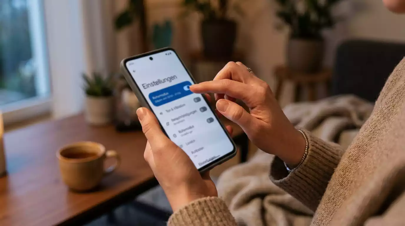 Person aktiviert nachdenklich eine Schutzeinstellung auf dem Smartphone