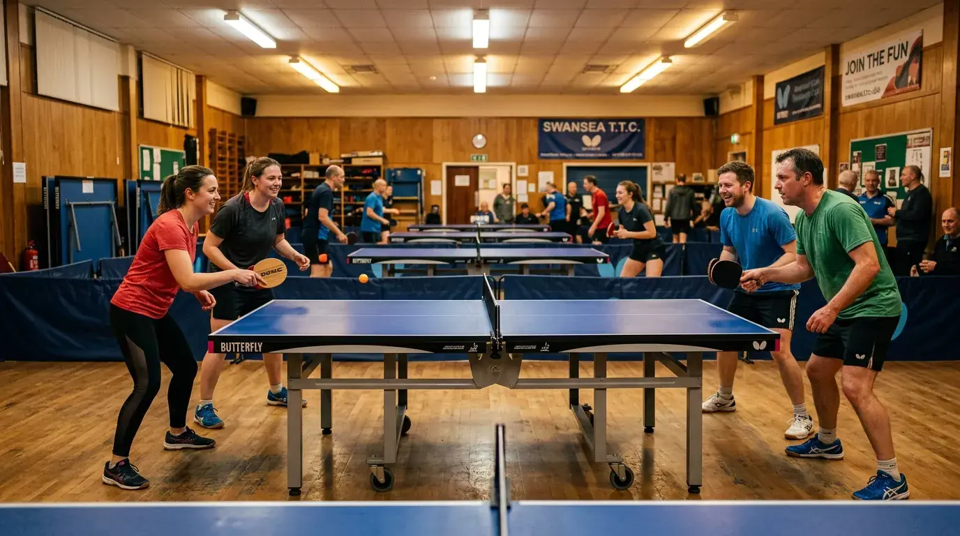 Amateurspieler trainieren gemeinsam an einer Tischtennisplatte