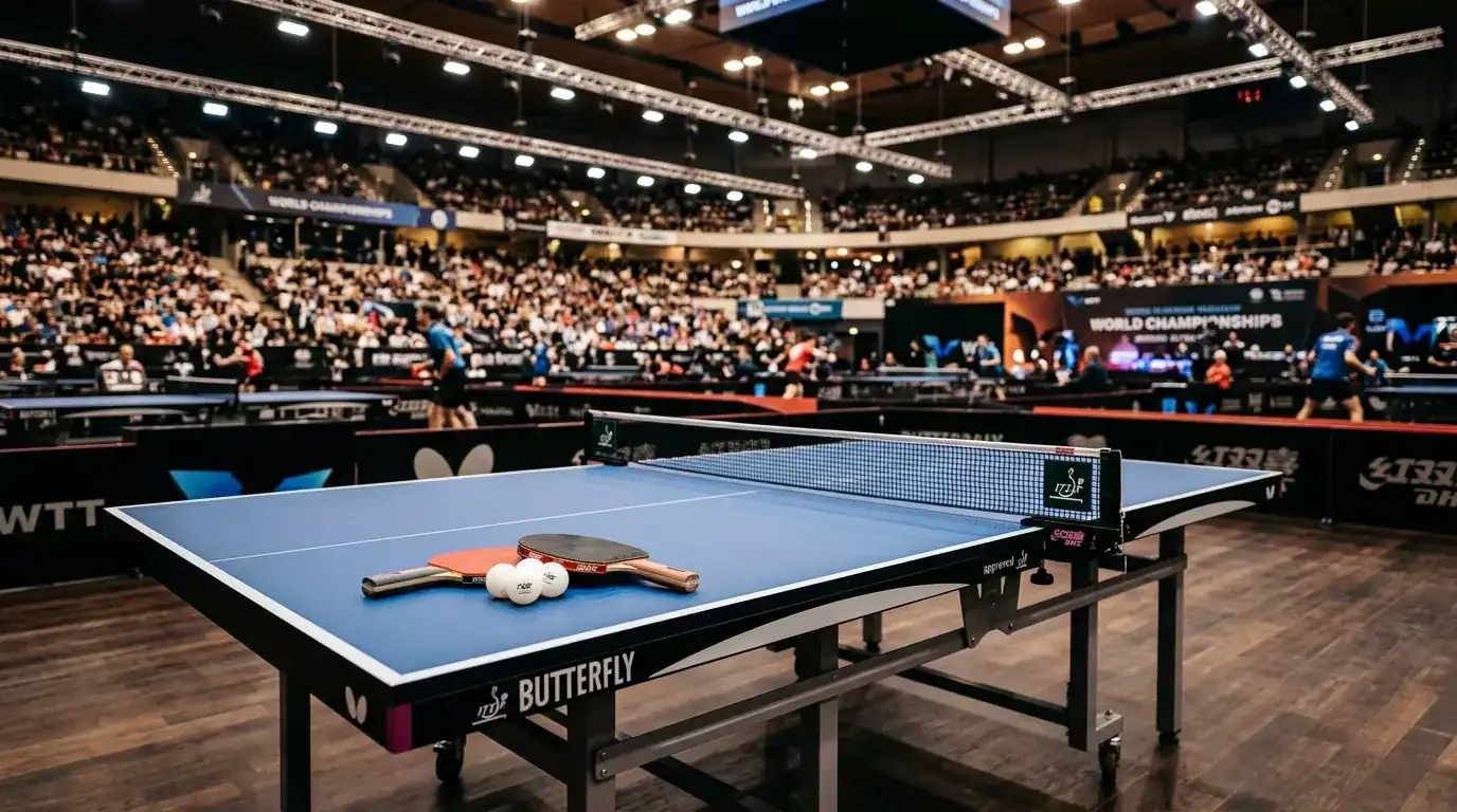 Tischtennistisch im Vordergrund, große Sportarena verschwommen dahinter