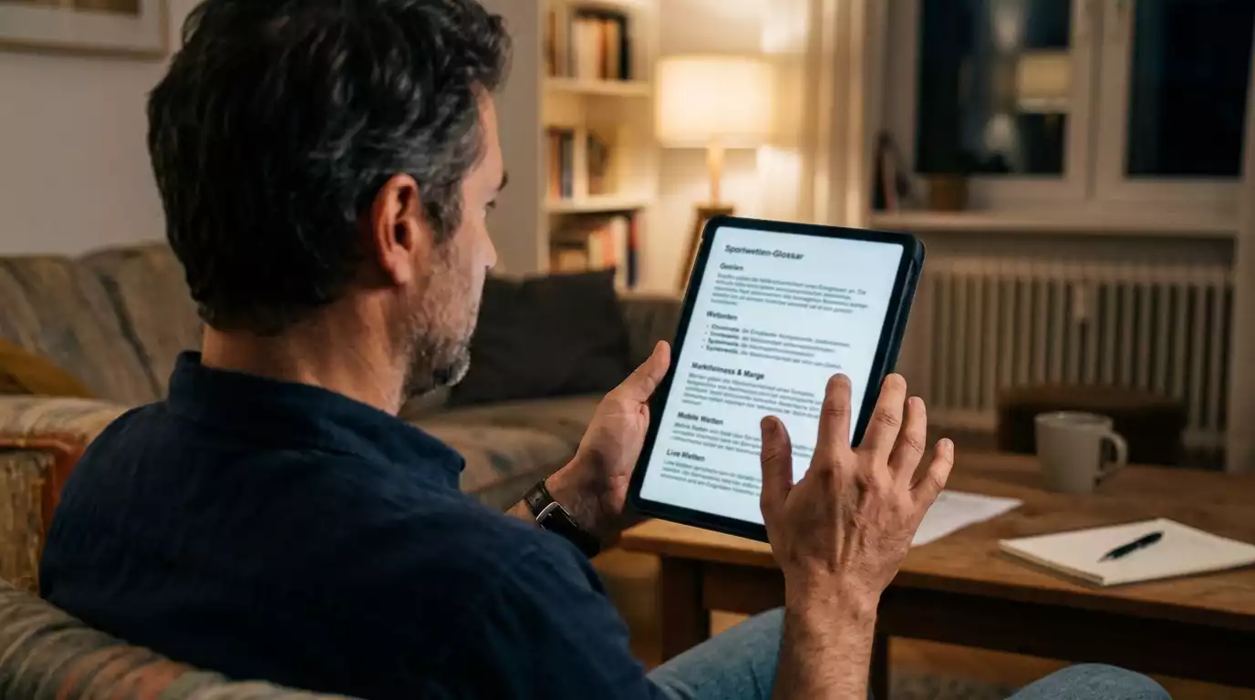 Person liest konzentriert eine Begriffsdefinition auf dem Tablet