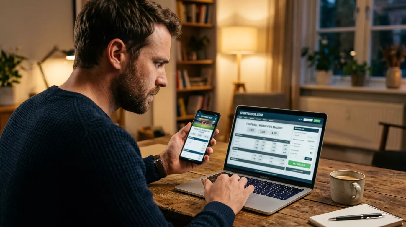 Person vergleicht zwei Wettangebote auf Laptop und Smartphone