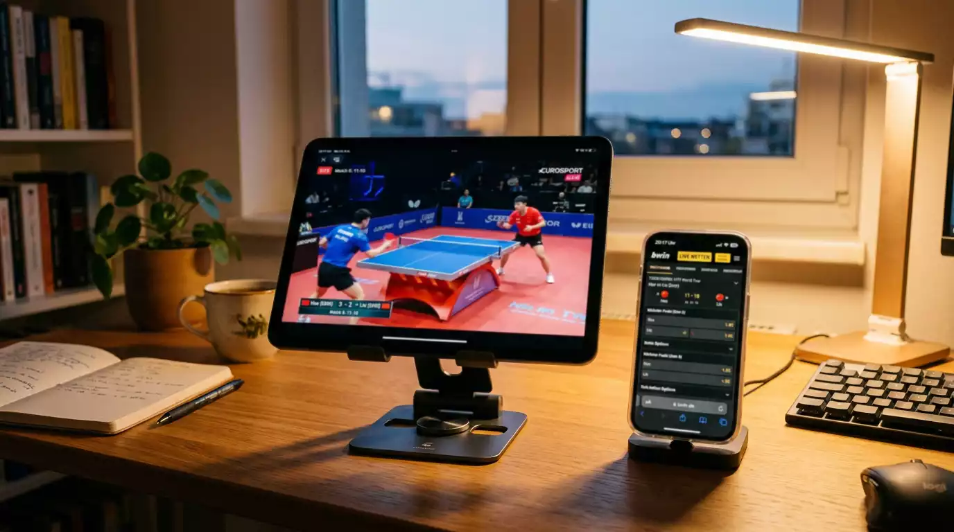Tablet mit laufendem Spiel und daneben eine geöffnete Live-Wettoberfläche