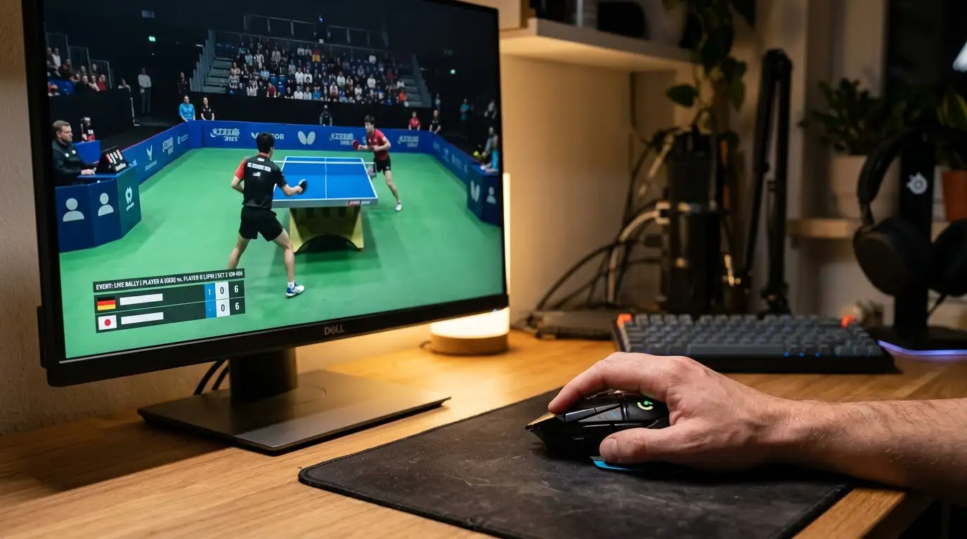 Hand bewegt eine Computermaus neben einem Bildschirm mit Streaming-Oberfläche
