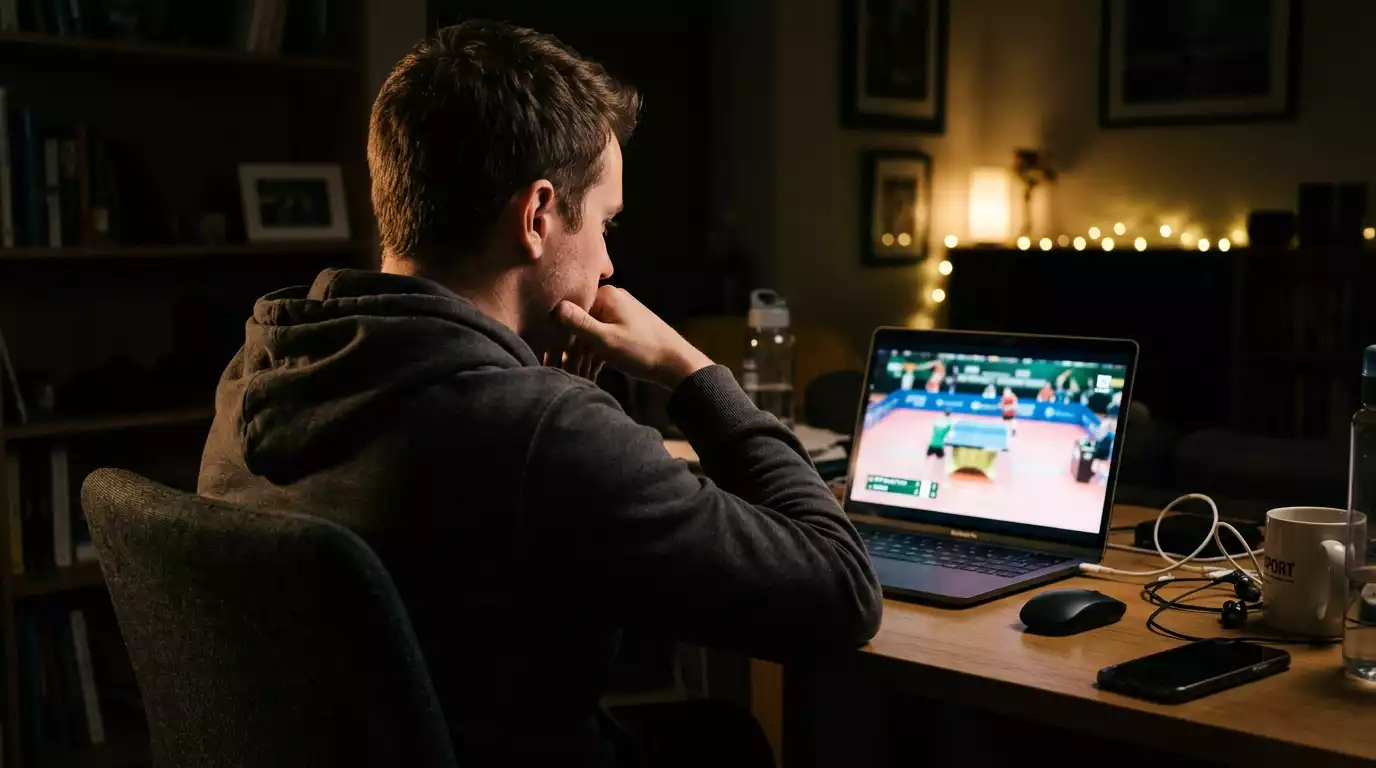 Person verfolgt ein Live-Spiel auf dem Laptop mit voller Aufmerksamkeit
