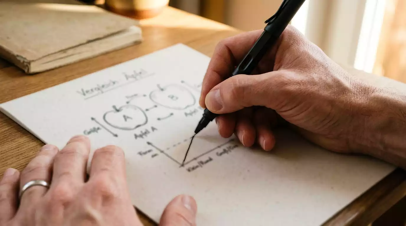Hand führt einen Stift über eine schlichte Vergleichsübersicht