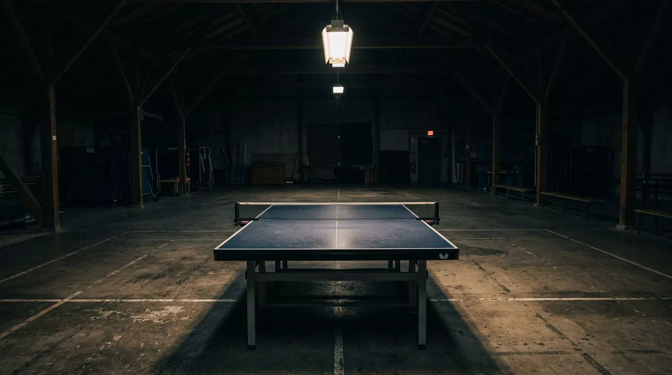 Tischtennistisch im Halbdunkel einer leeren Halle