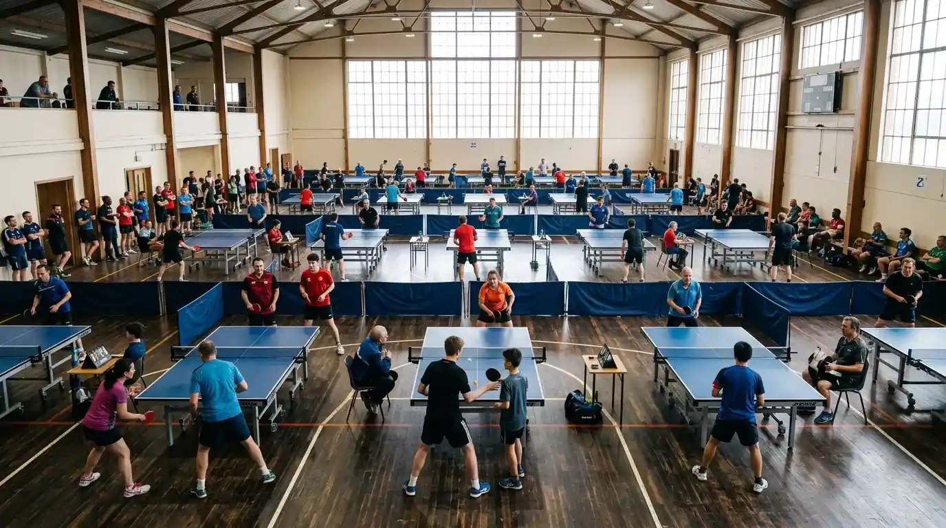 Lebhafte Vereinshalle mit vielen Tischtennisspielern beim Training