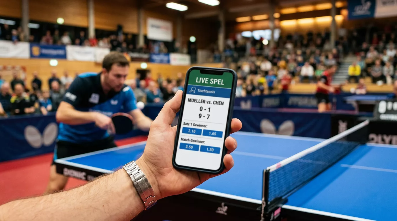 Hand hält ein Smartphone mit Live-Wetten-Ansicht während eines Tischtennisspiels