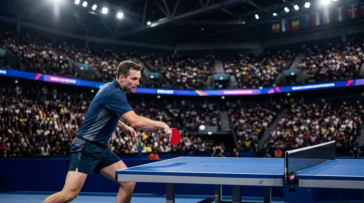 Tischtennisspieler bei einem olympischen Wettkampf in einer großen Arena