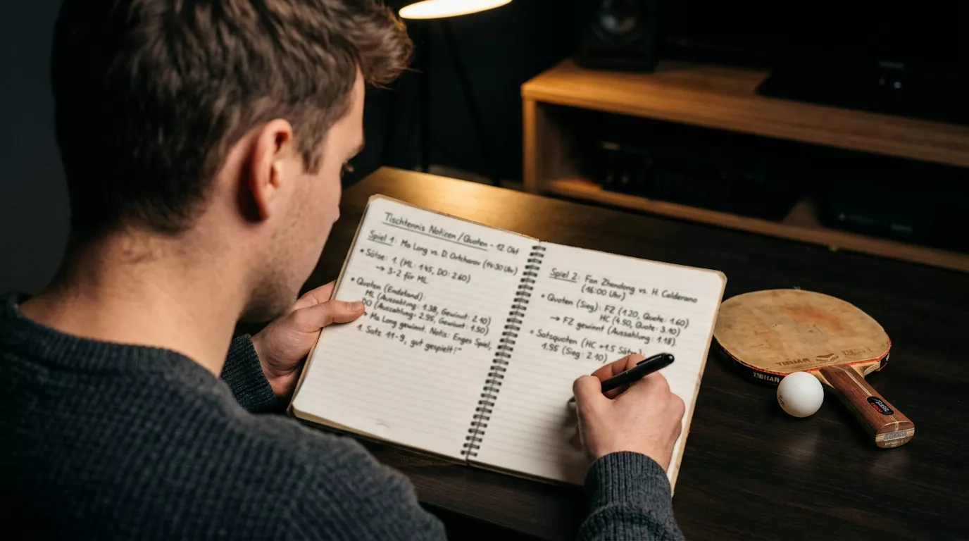 Person prüft handschriftliche Notizen zur Auszahlungsquote zweier Tischtennis-Quoten