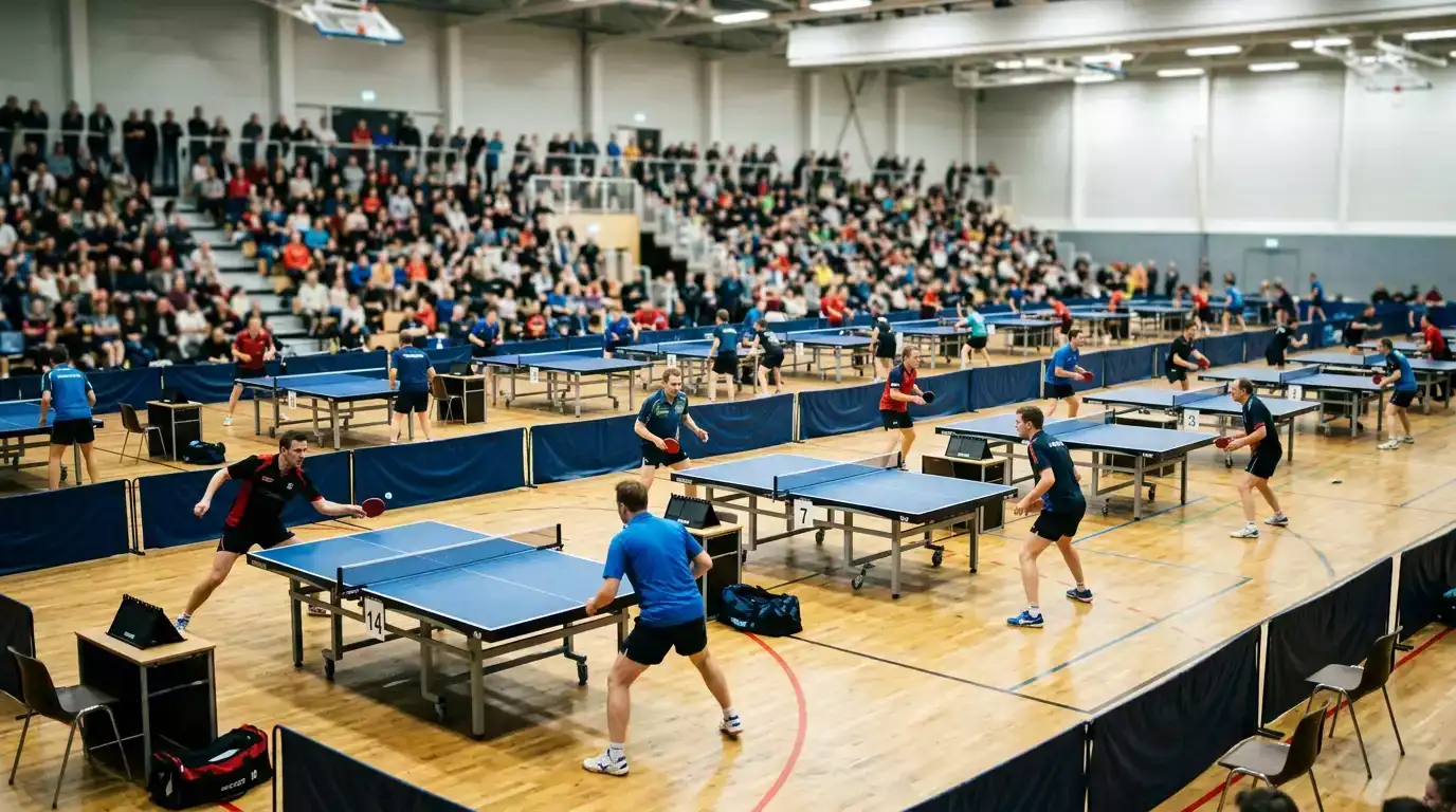 Mehrere Tischtennisplatten in einer Halle während eines laufenden Turniers