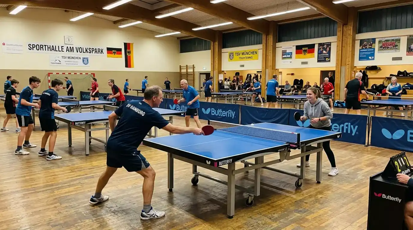 Mehrere Personen spielen Tischtennis in einer gut gefüllten Vereinshalle