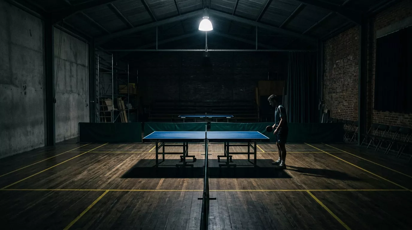 Leere Tischtennishalle bei einem schwach besuchten Spiel als Sinnbild für Manipulationsrisiko