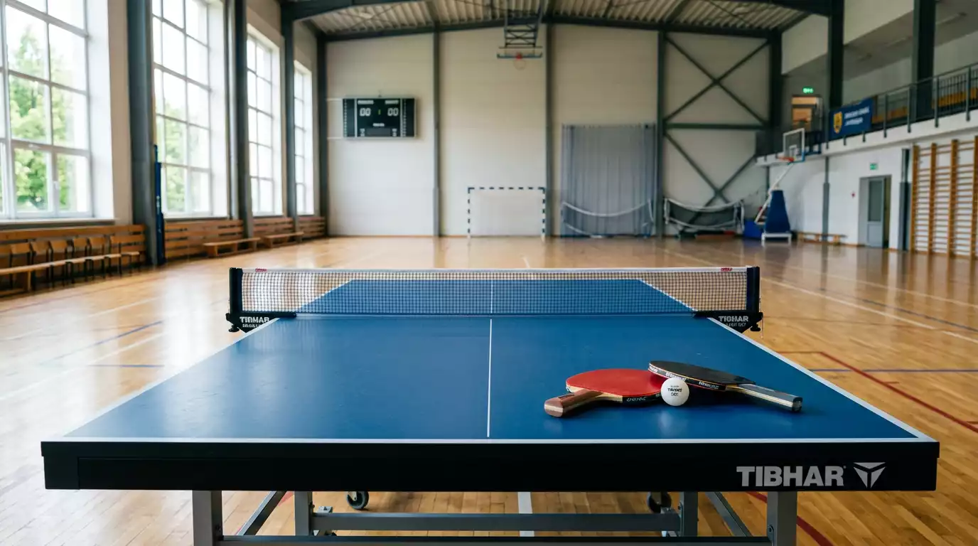 Tischtennistisch in einer Halle vor Spielbeginn mit Schlägern und Ball