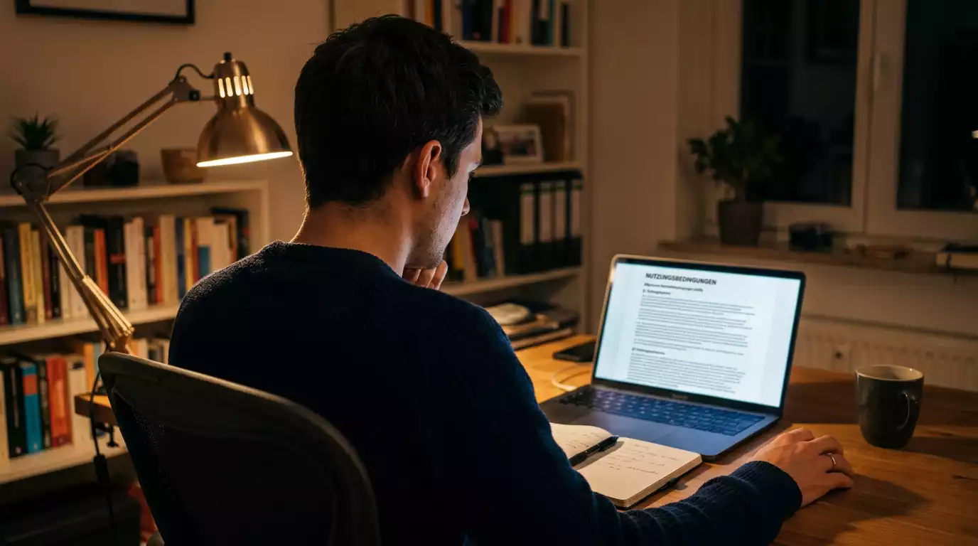 Person liest konzentriert das Kleingedruckte eines Bonusangebots auf einem Laptop