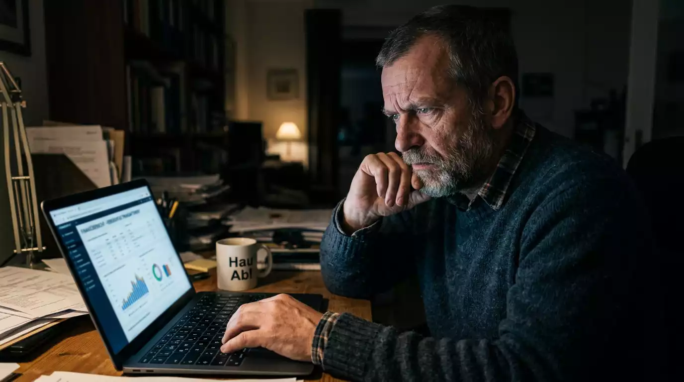 Person blickt skeptisch und kritisch auf einen Laptopbildschirm