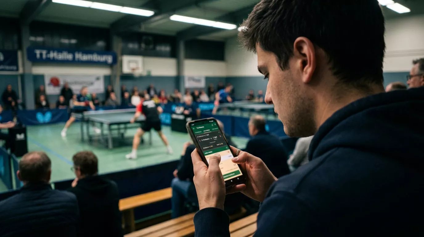 Wettender überlegt mit Smartphone in der Hand am Rand einer Halle