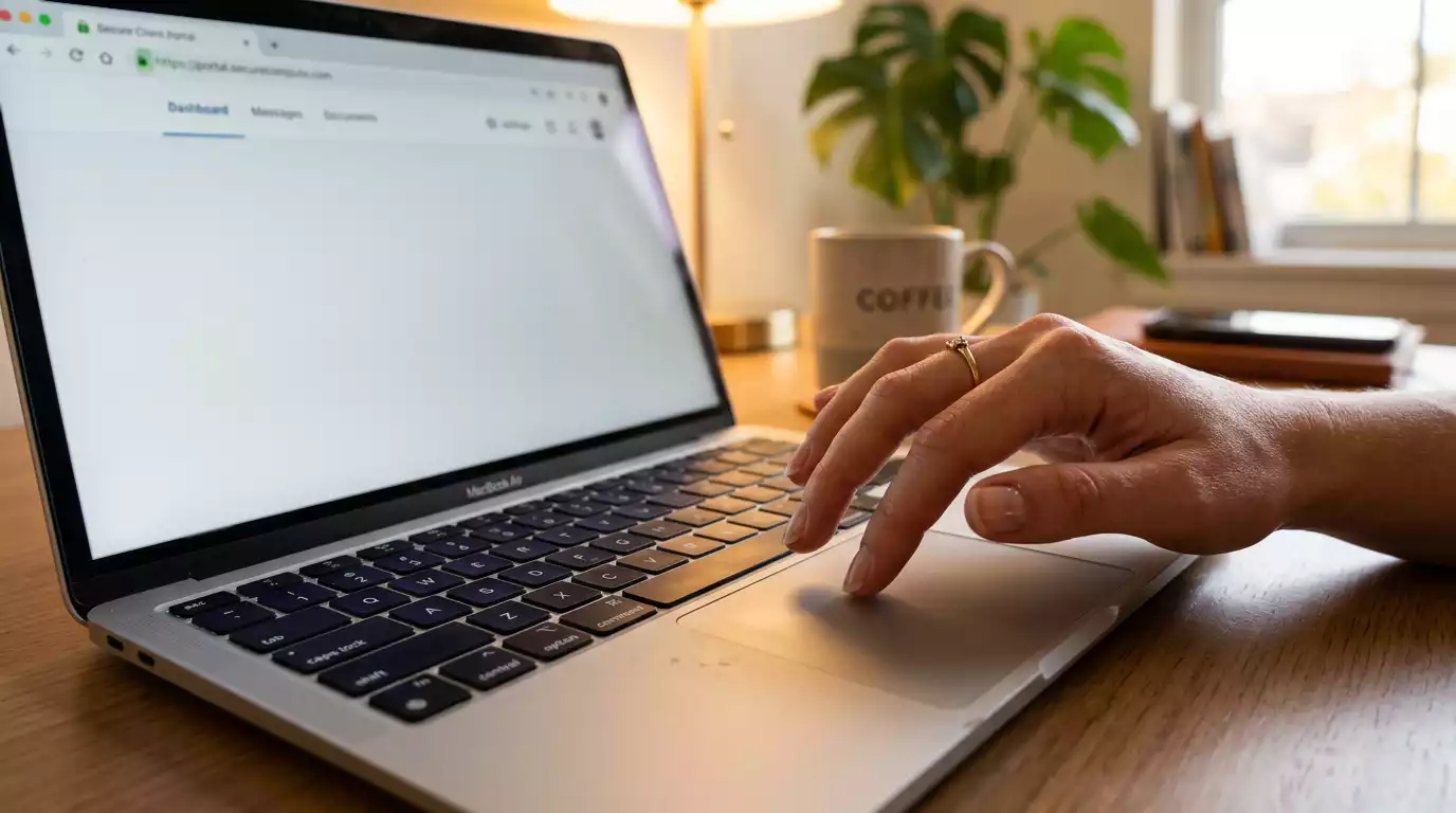 Hand klickt auf einem Laptop ein Sicherheitssymbol einer Website an