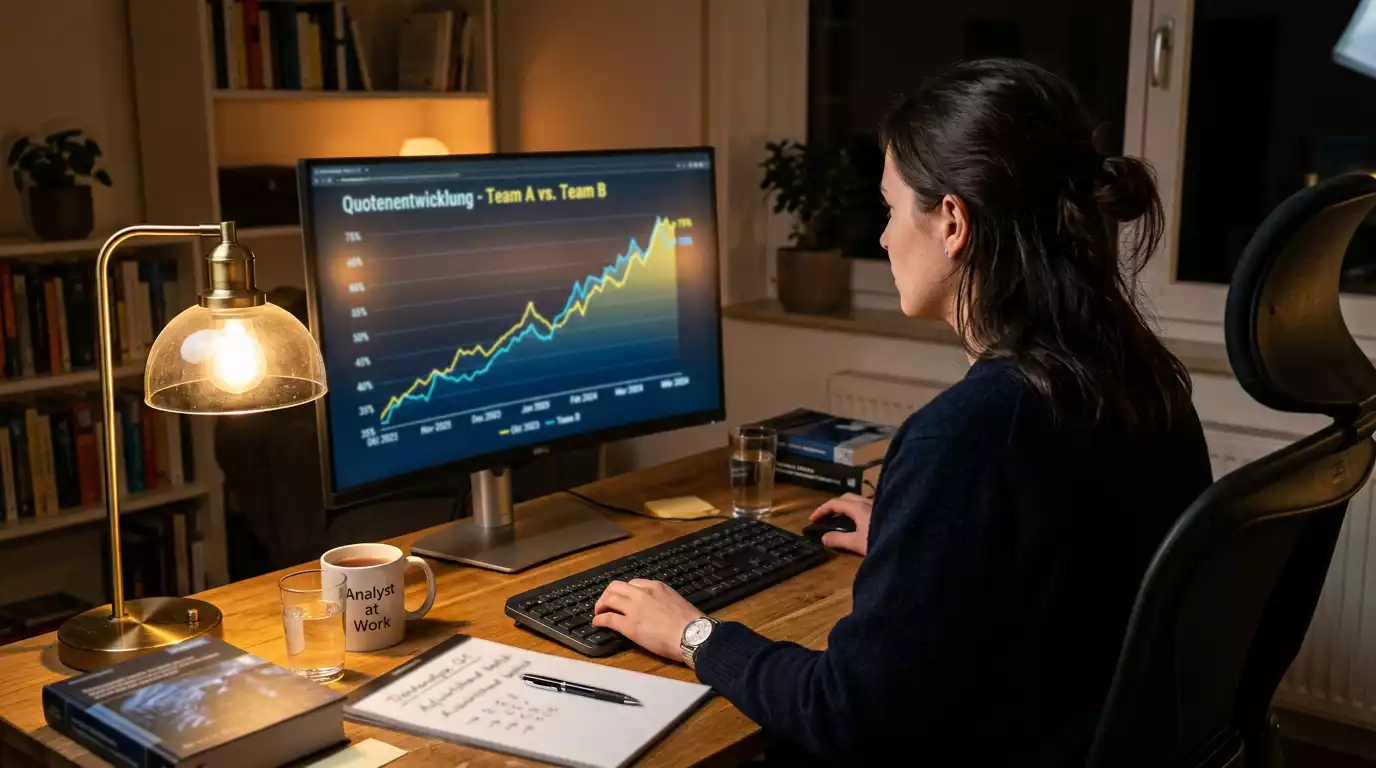 Person studiert nachdenklich eine Quotenbewegung auf dem Monitor