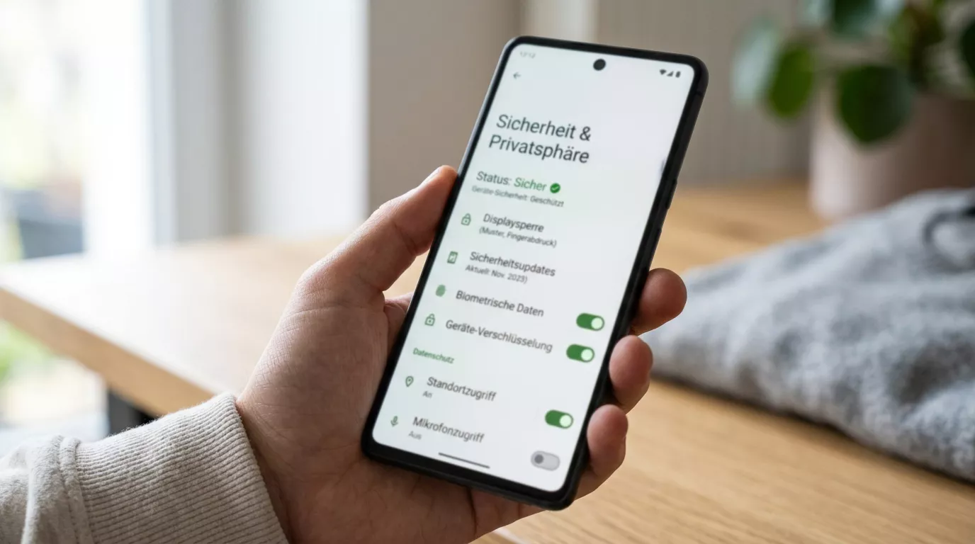 Schützende Geste einer Hand über einem Smartphone als Symbol