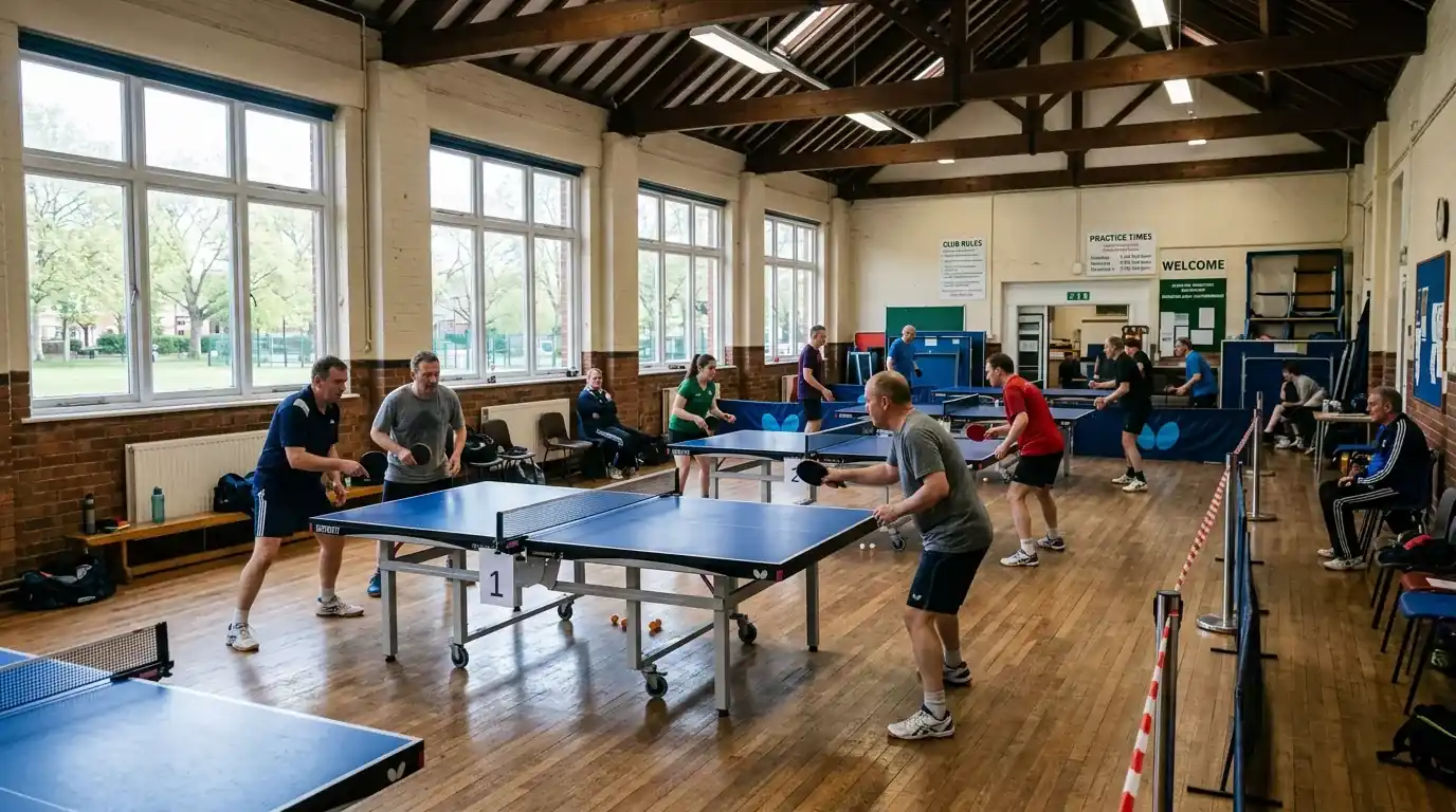 Vereinshalle mit mehreren Tischtennisplatten beim Training