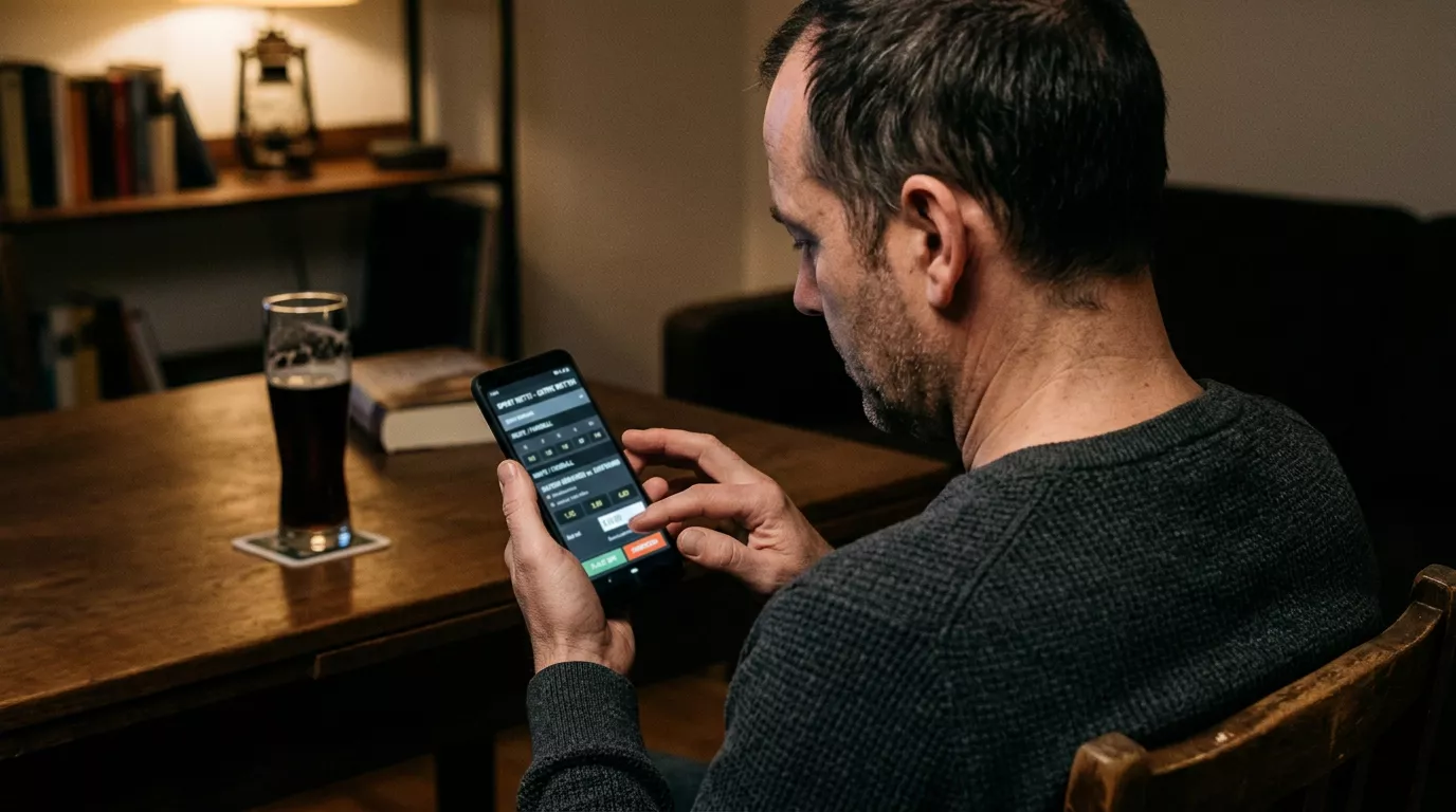 Nachdenklicher Wettender prüft kritisch eine Information auf dem Smartphone