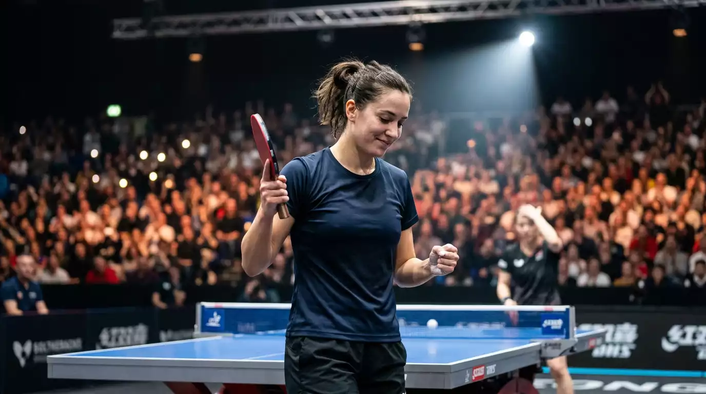 Tischtennisprofi zeigt nach einem starken Schlag konzentrierte Freude