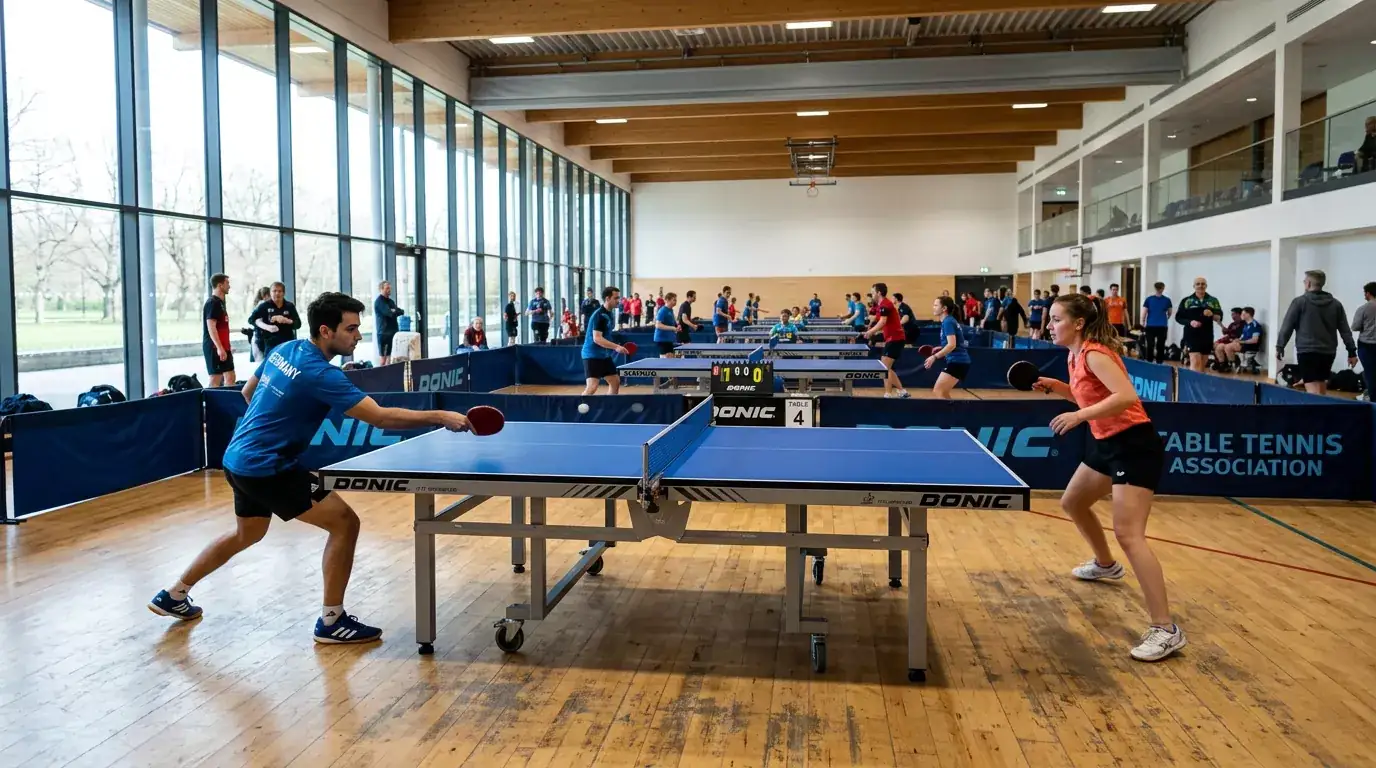 Tischtennistisch in einer hellen Halle als Sinnbild globaler Beliebtheit