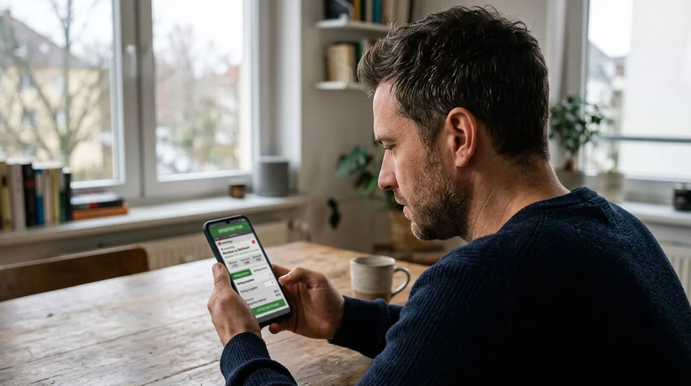 Nachdenkliche Person hält ein Smartphone und überlegt vor einer Wette