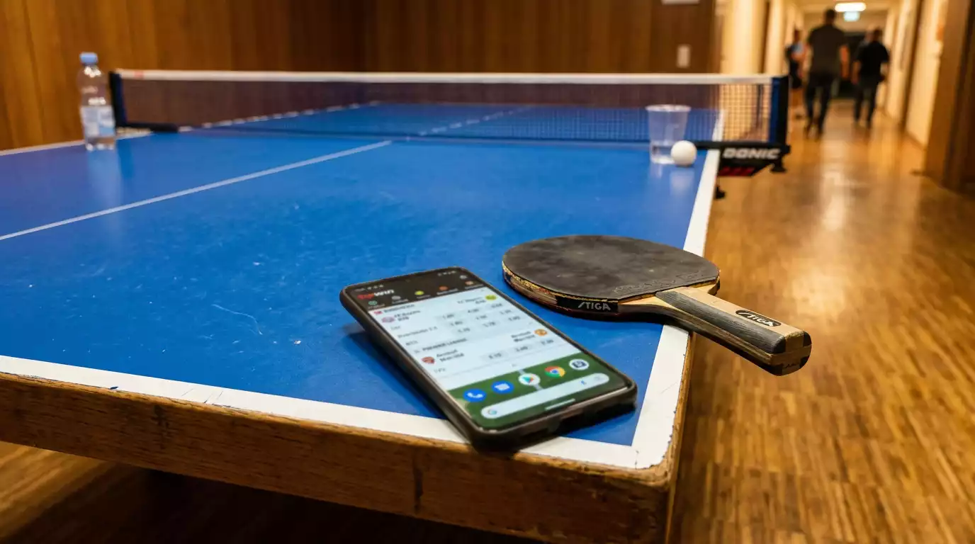 Tischtennistisch im Vordergrund mit einem Smartphone-Wettangebot daneben