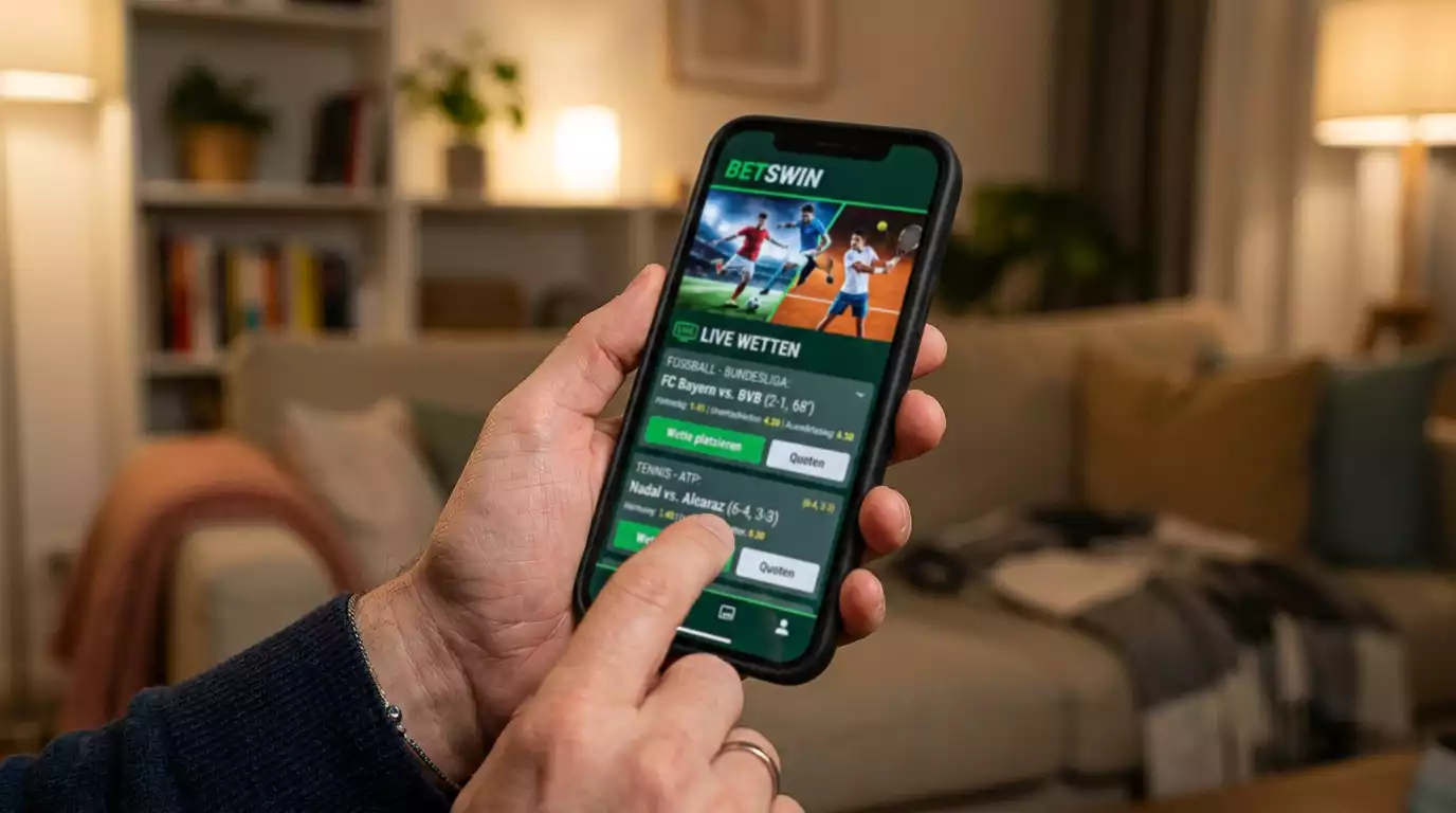 Hand hält ein Smartphone mit einer geöffneten Bonusübersicht einer Wett-App