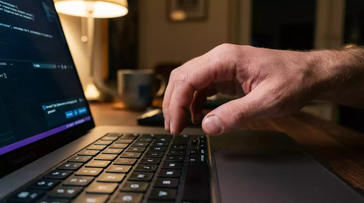 Hand zögert über der Tastatur vor dem Bestätigen einer Eingabe