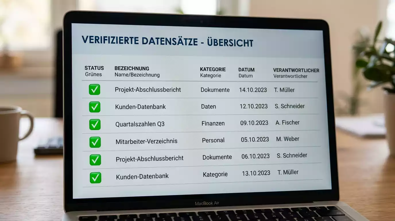 Laptopbildschirm zeigt eine schlichte Liste geprüfter Einträge