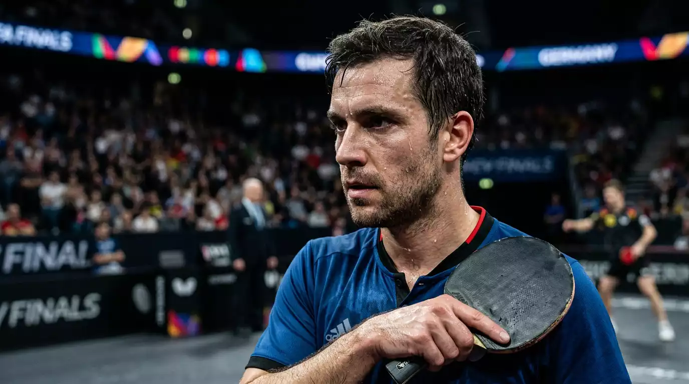 Porträt eines fokussierten Tischtennisprofis vor einem wichtigen Match