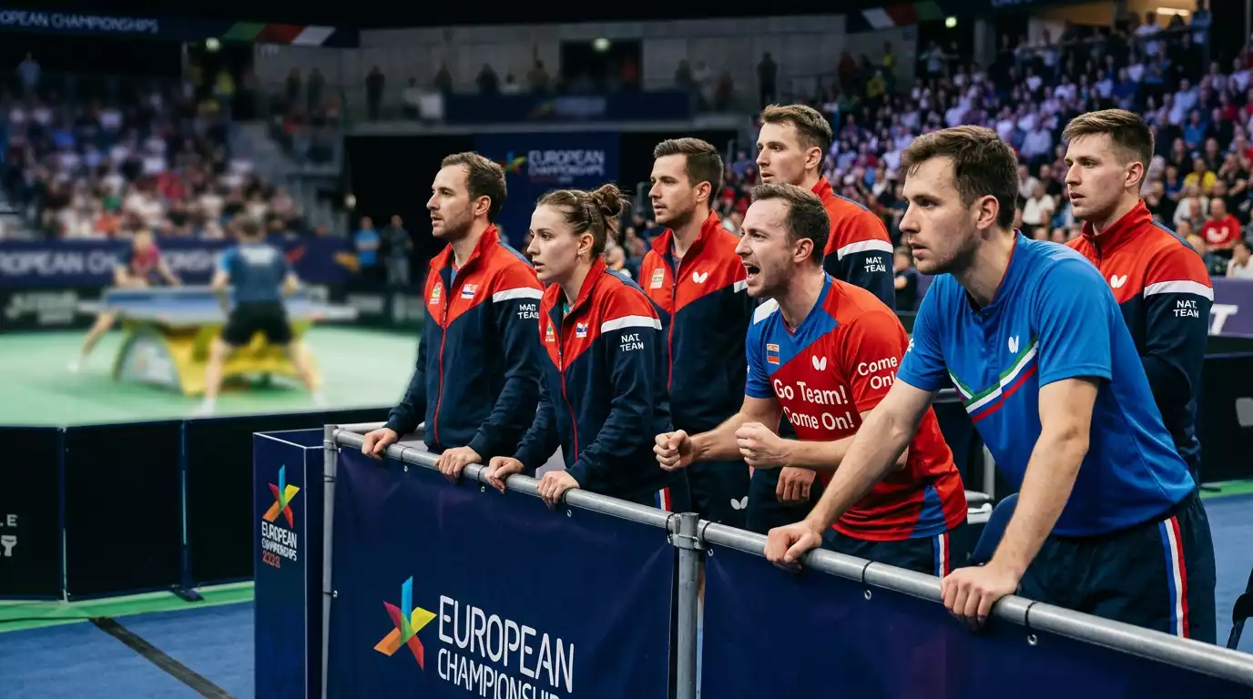 Tischtennis-Team steht gemeinsam an der Bande während eines WM-Matches