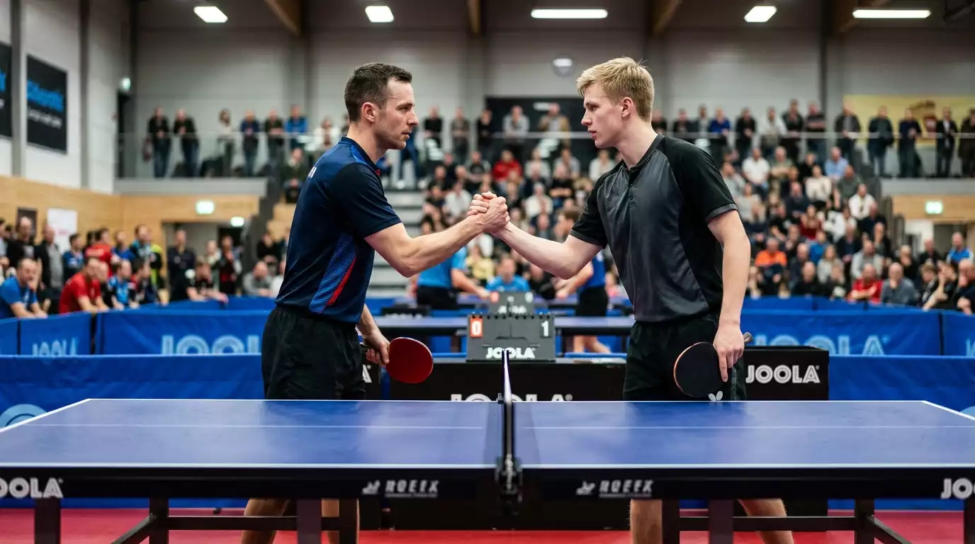 Zwei Tischtennisspieler begrüßen sich vor einem Match am Netz
