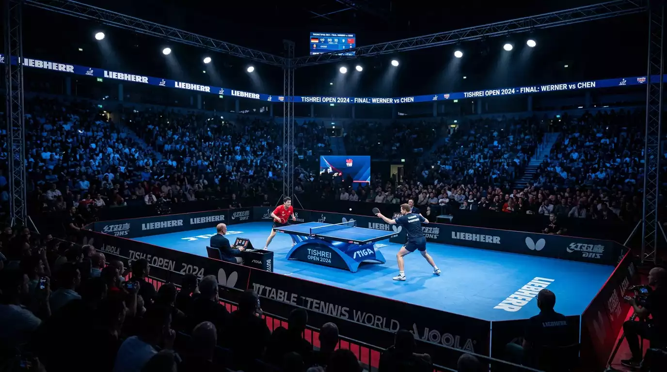 Volle Arena bei einem großen Tischtennisturnier mit Spielern am Tisch