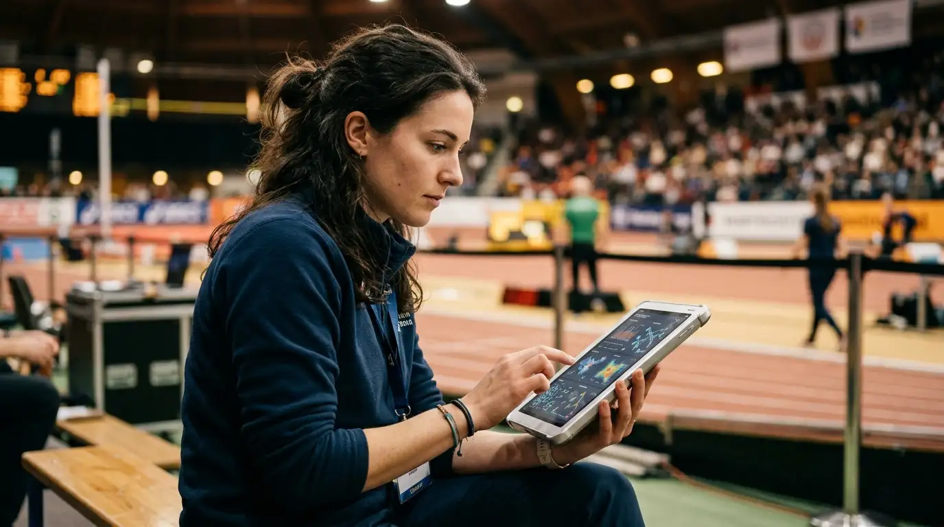 Person verbindet Sportkontext und Daten an einem Tablet